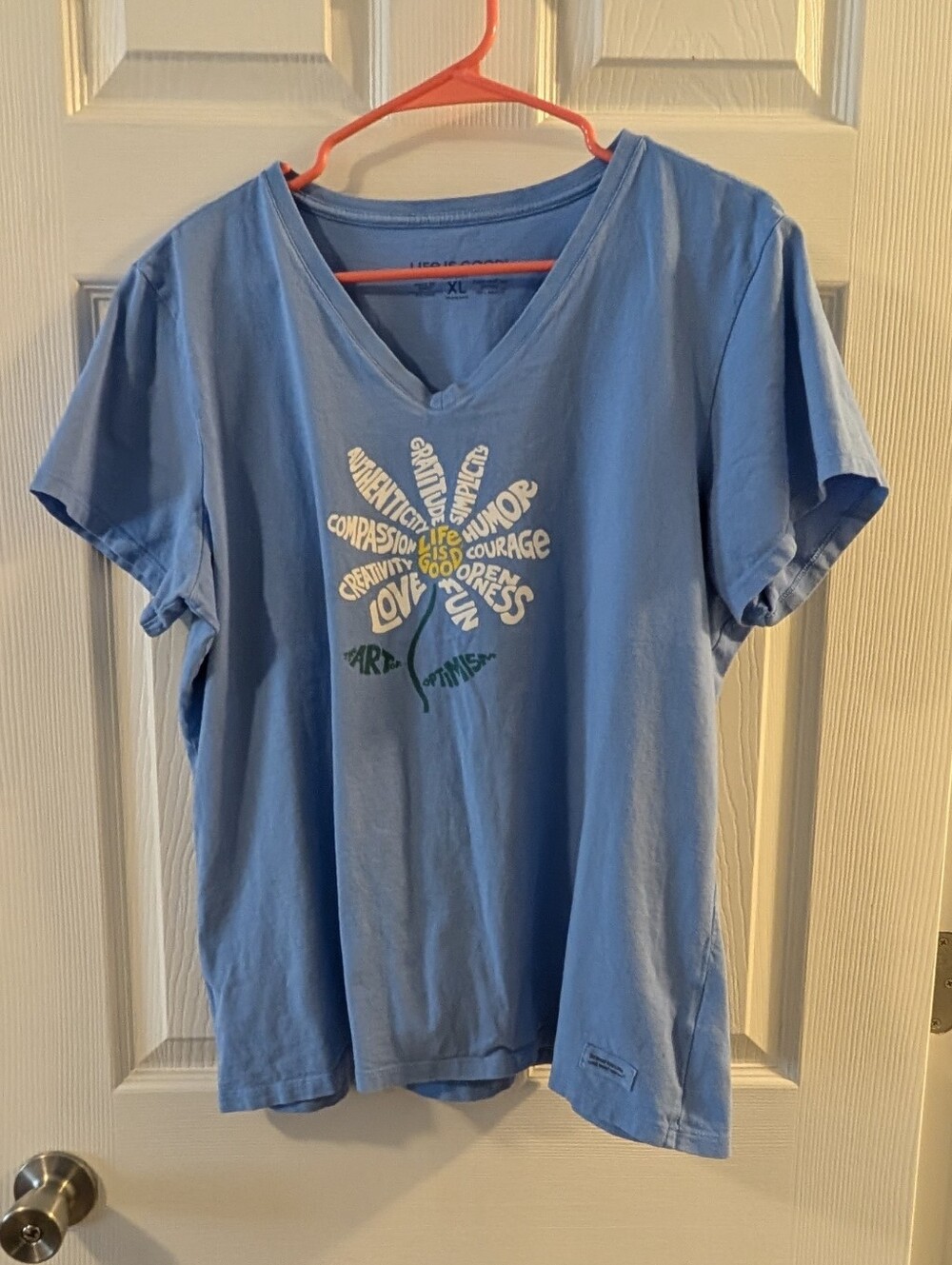 Life Is Good Light Blue V-Neck Graphic Tee with Flower Word Art